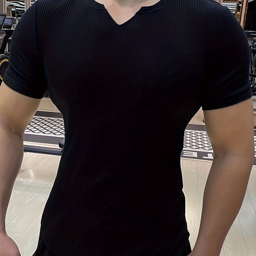 Men's Stylish Solid Shirt, Casual Breathable V Neck Short Sleeve Tee Top For City Walk Street Hanging Outdoor Activities - Image 6