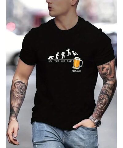 Jumping In Beer Print T-shirt, Men's Casual Street Style Stretch Round Neck Tee Shirt For Summer