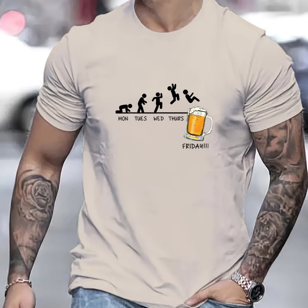 Jumping In Beer Print T-shirt, Men's Casual Street Style Stretch Round Neck Tee Shirt For Summer - Image 8