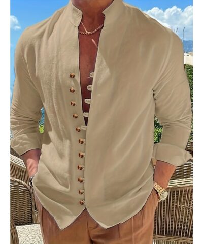 Vintage Men's Casual Loose Long Sleeve Shirt With Stand Collar, Spring Fall Outdoor