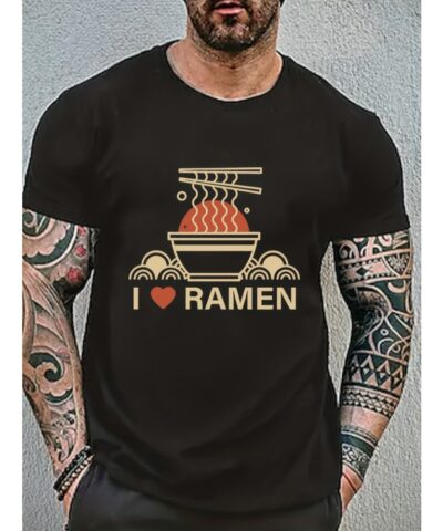 Ramen Lover Pattern Print Men's Comfy Slightly Stretch T-shirt, Graphic Tee Men's Summer Clothes, Men's Casual Outfits For Sports Fitness