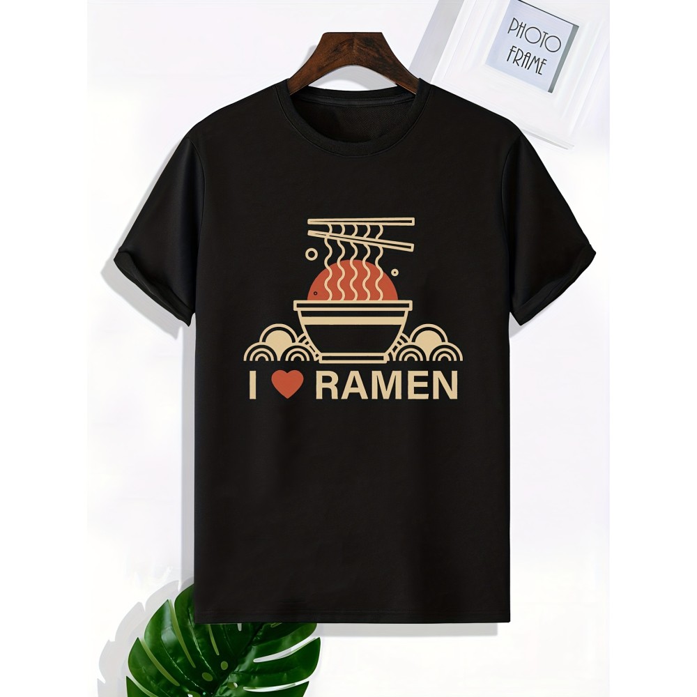 Ramen Lover Pattern Print Men's Comfy Slightly Stretch T-shirt, Graphic Tee Men's Summer Clothes, Men's Casual Outfits For Sports Fitness - Image 2