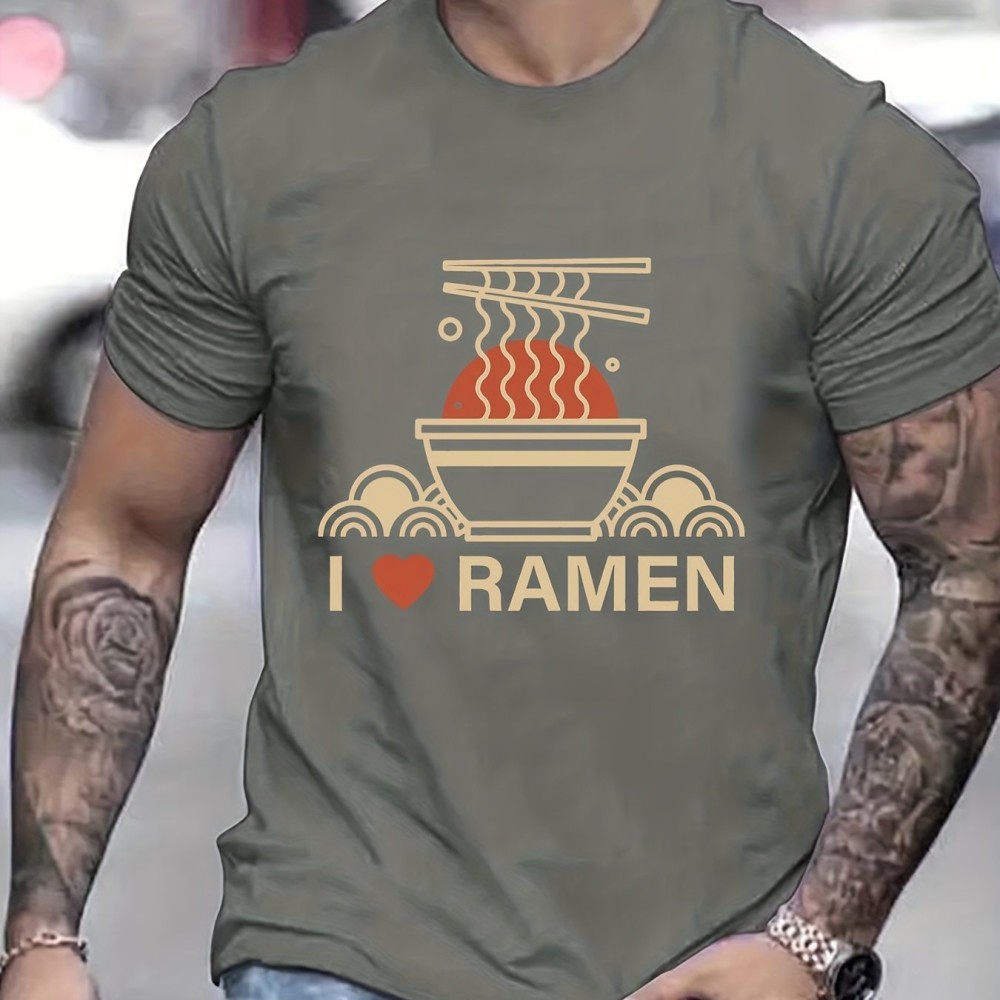 Ramen Lover Pattern Print Men's Comfy Slightly Stretch T-shirt, Graphic Tee Men's Summer Clothes, Men's Casual Outfits For Sports Fitness - Image 9