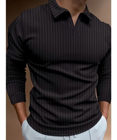 Ribbed Men's Solid Color V-neck Long Sleeve Shirt, Male Spring Fall Casual Top