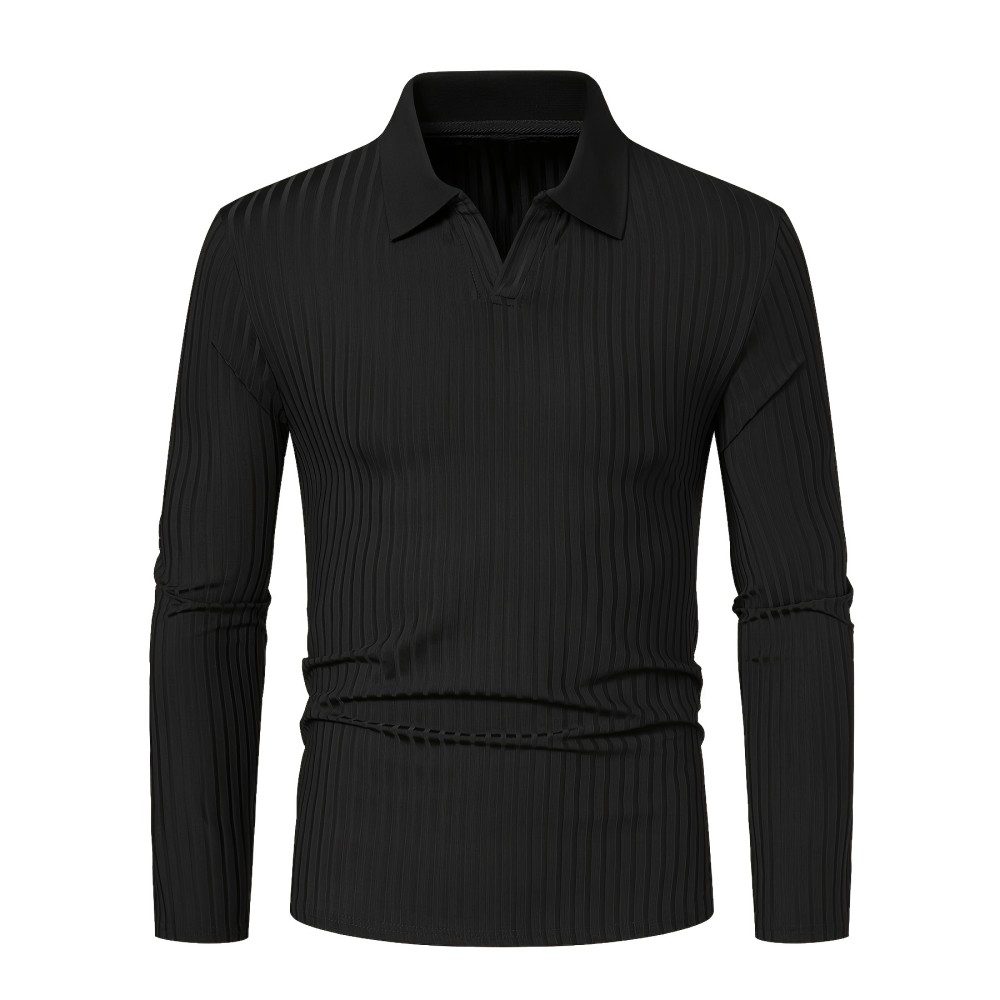 Ribbed Men's Solid Color V-neck Long Sleeve Shirt, Male Spring Fall Casual Top - Image 3