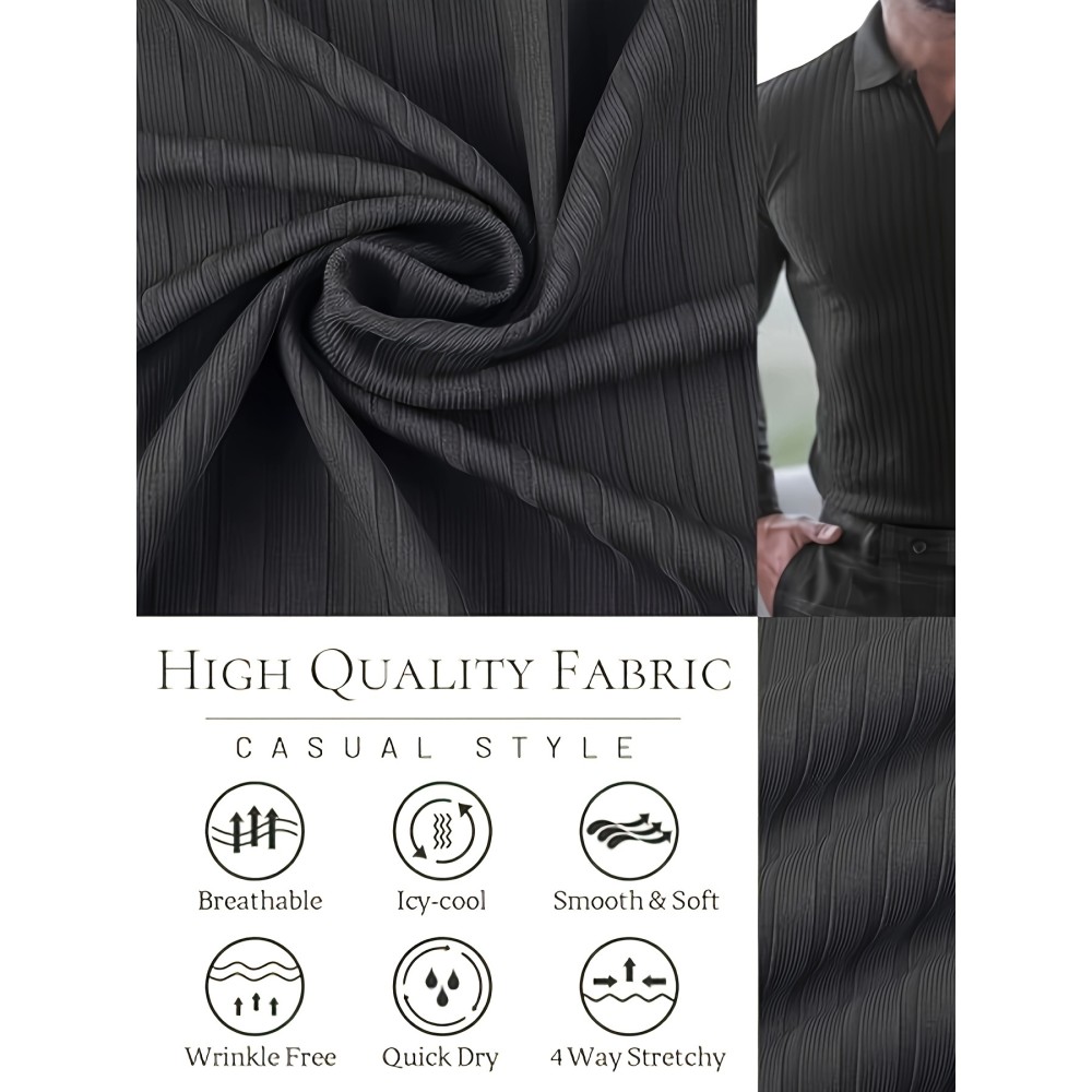 Ribbed Men's Solid Color V-neck Long Sleeve Shirt, Male Spring Fall Casual Top - Image 5