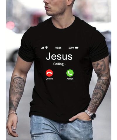 JESUS CALLING Creative Pattern Men's T-shirt For Summer Outdoor, Men's Trendy Crew Neck Tops