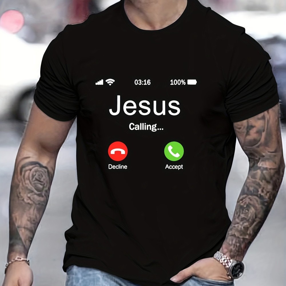 JESUS CALLING Creative Pattern Men's T-shirt For Summer Outdoor, Men's Trendy Crew Neck Tops - Image 6