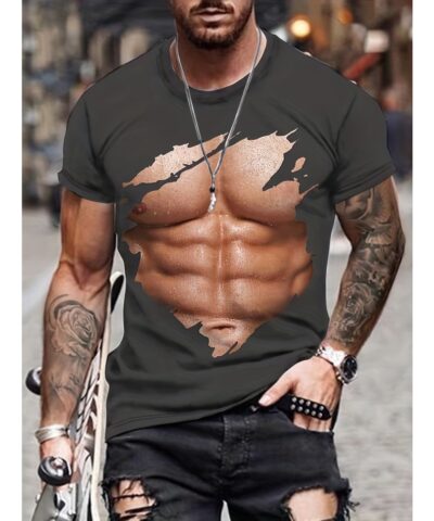 Sexy Muscle 3D Digital Pattern Print Men's Graphic T-shirts, Causal Comfy Tees, Short Sleeves Comfortable Pullover Tops, Men's Summer Clothing