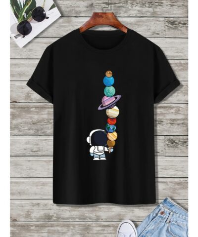 Men's Cartoon Polyester Astronaut And Planet Print Tee Best Sellers
