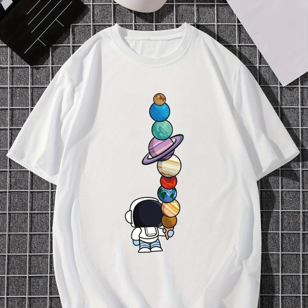 Men's Cartoon Polyester Astronaut And Planet Print Tee Best Sellers - Image 11
