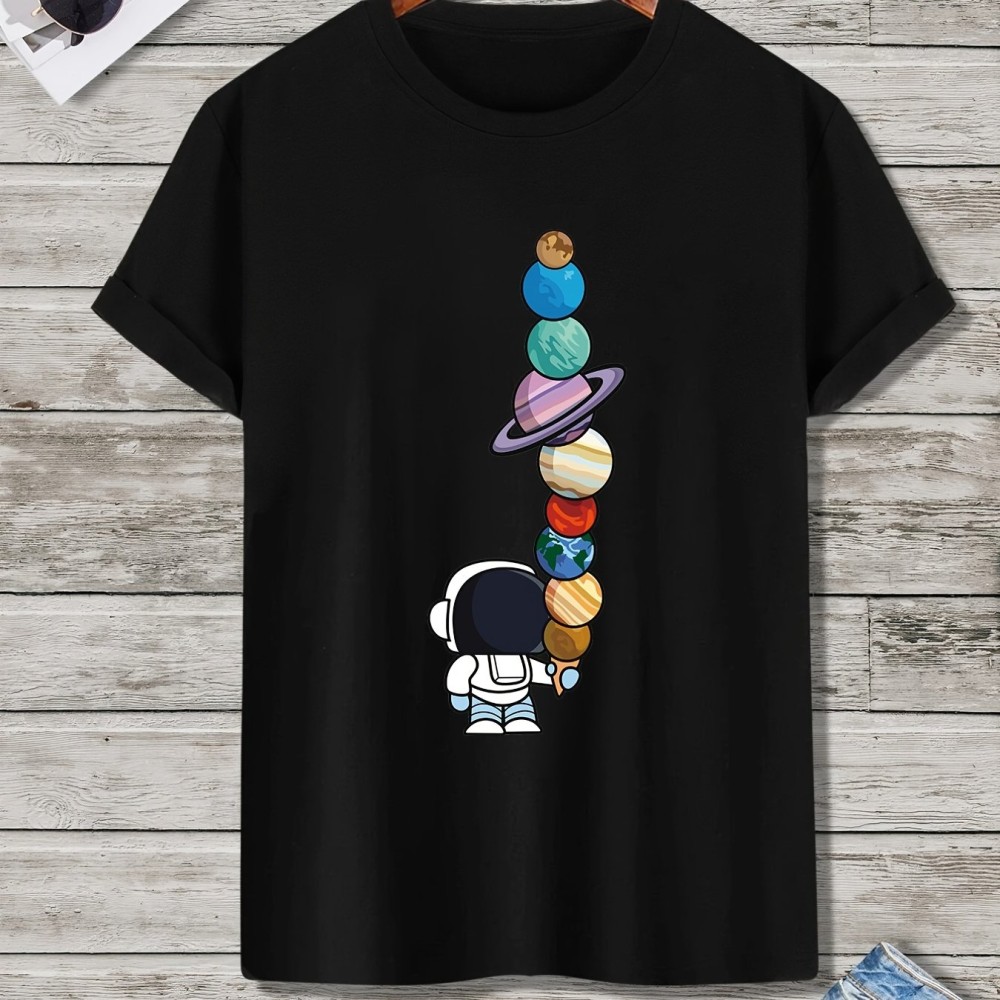 Men's Cartoon Polyester Astronaut And Planet Print Tee Best Sellers - Image 6