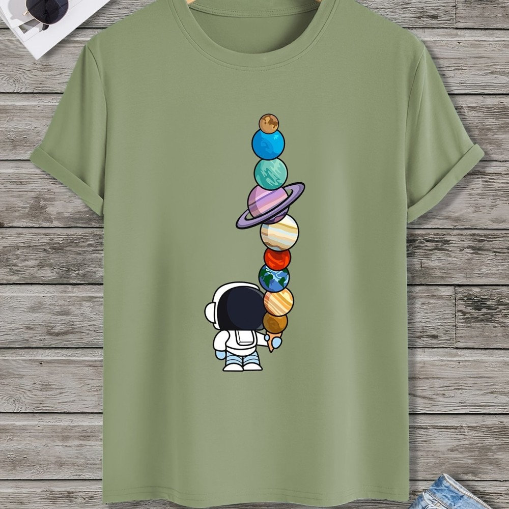 Men's Cartoon Polyester Astronaut And Planet Print Tee Best Sellers - Image 9