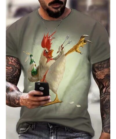 Kung Fu Rooster Pattern 3d PrintT-shirt, Men's Casual Slightly Stretch Round Neck T-shirt For Spring Summer