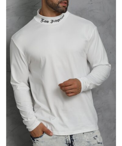 LOS ANGELES Print Men's Casual Turtleneck Long Sleeve Fit Slim T-shirt, Spring Fall