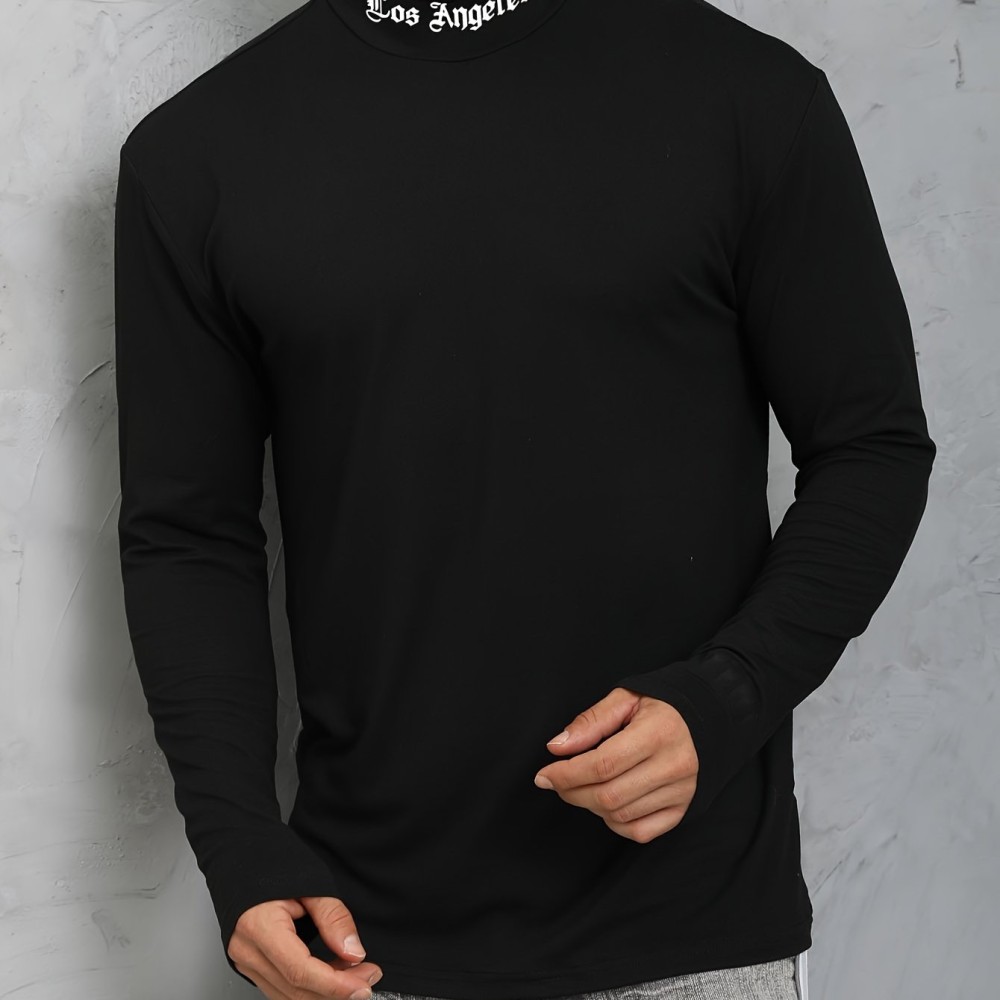 LOS ANGELES Print Men's Casual Turtleneck Long Sleeve Fit Slim T-shirt, Spring Fall - Image 7