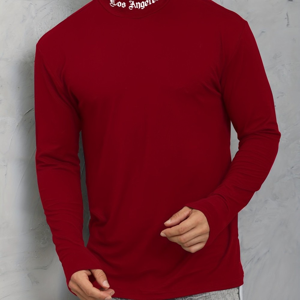 LOS ANGELES Print Men's Casual Turtleneck Long Sleeve Fit Slim T-shirt, Spring Fall - Image 8