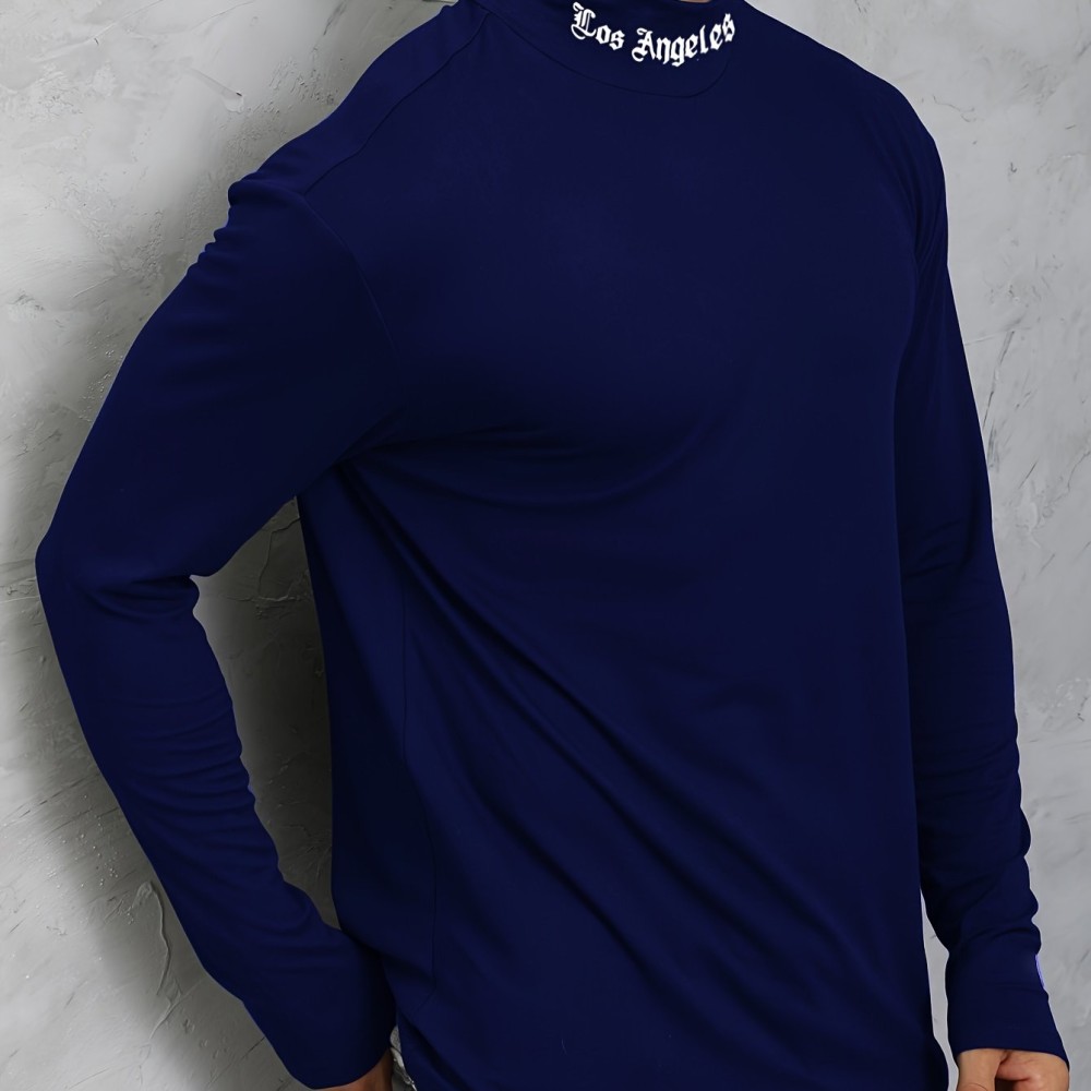 LOS ANGELES Print Men's Casual Turtleneck Long Sleeve Fit Slim T-shirt, Spring Fall - Image 9
