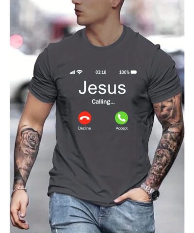 Jesus Calling Pattern Print Men's Comfy T-shirt, Graphic Tee Men's Summer Outdoor Clothes, Men's Clothing, Tops For Men