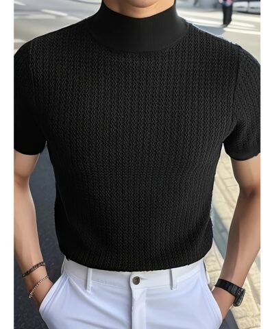 Men's Comfy Chic Turtleneck Solid T-shirt, Men's Summer Slim Fit Outdoor Clothes, Men's Clothing, Tops For Men, Gift For Men