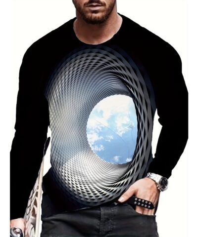 3D Geometric Print Men's Trendy Graphic Long Sleeve Fit T-shirt, Spring Fall