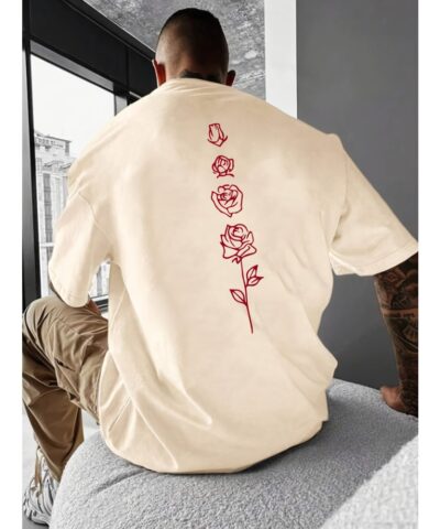 Retro Rose Print, Men's Graphic Design Crew Neck Active T-shirt, Casual Comfy Tees Tshirts For Summer, Men's Clothing Tops For Daily Gym Workout Running