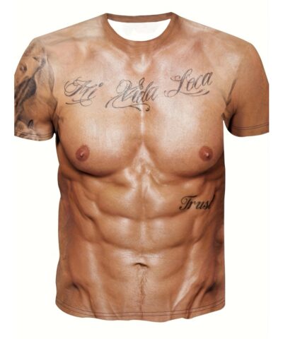 Funny Muscle 3D Pattern Print Men's Graphic T-shirts, Causal Comfy Tees, Short Sleeve Pullover Tops, Men's Summer Outdoor Clothing