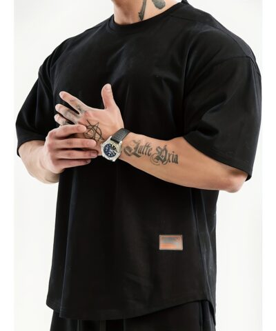 Men's Solid Creative Loose Top, Casual Slightly Stretch Short Sleeve Crew Neck Running Fitness Sports T-shirt, Men's Clothes For Summer Outdoor