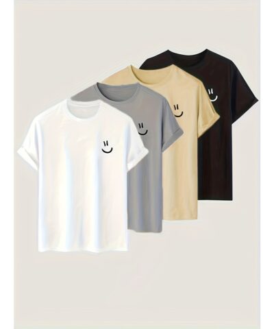4pieces Men's Stylish Smiling Face Pattern Shirt, Casual Slightly Stretch Breathable Crew Neck Short Sleeve Tee Top For City Walk Street Hanging Outdoor Activities