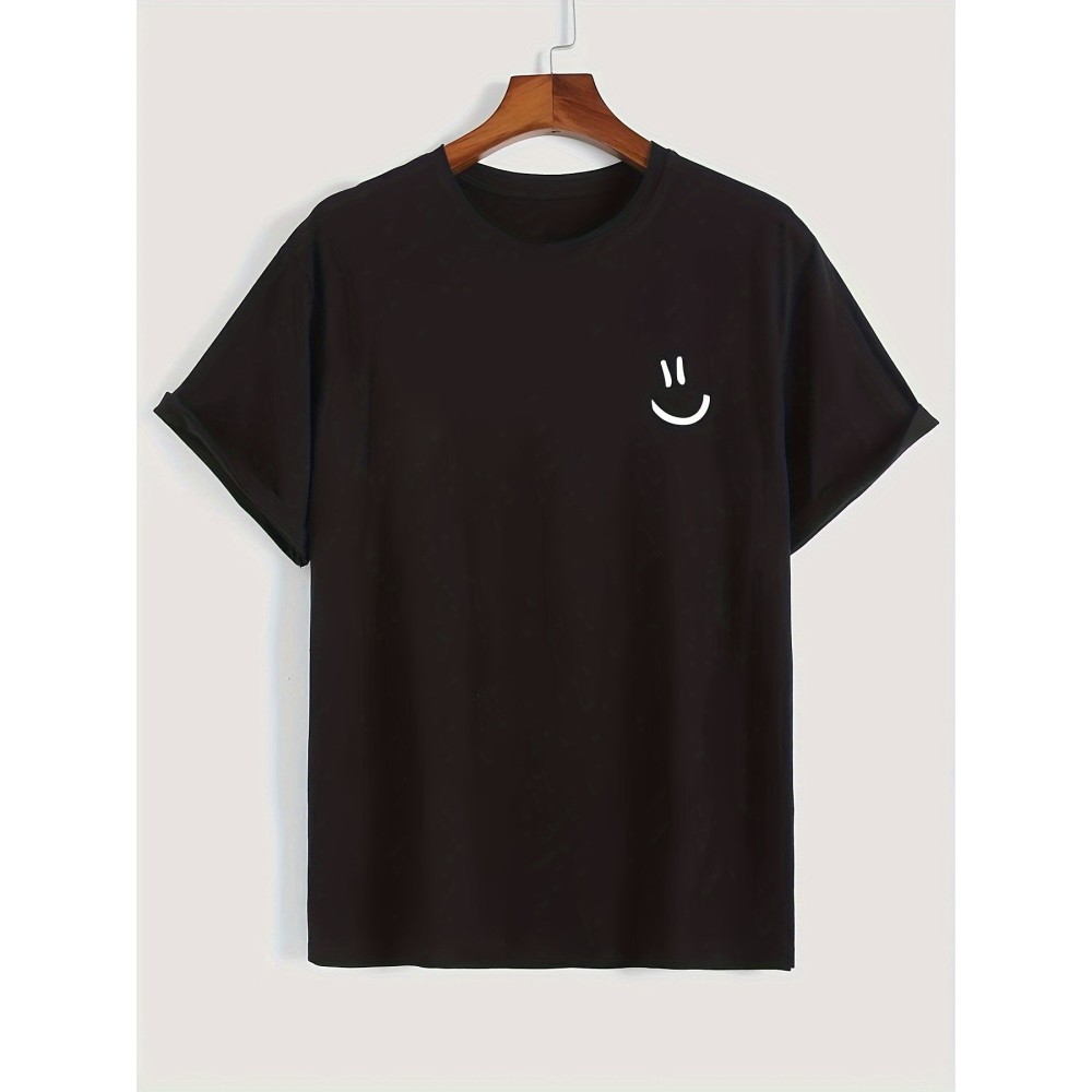 4pieces Men's Stylish Smiling Face Pattern Shirt, Casual Slightly Stretch Breathable Crew Neck Short Sleeve Tee Top For City Walk Street Hanging Outdoor Activities - Image 2