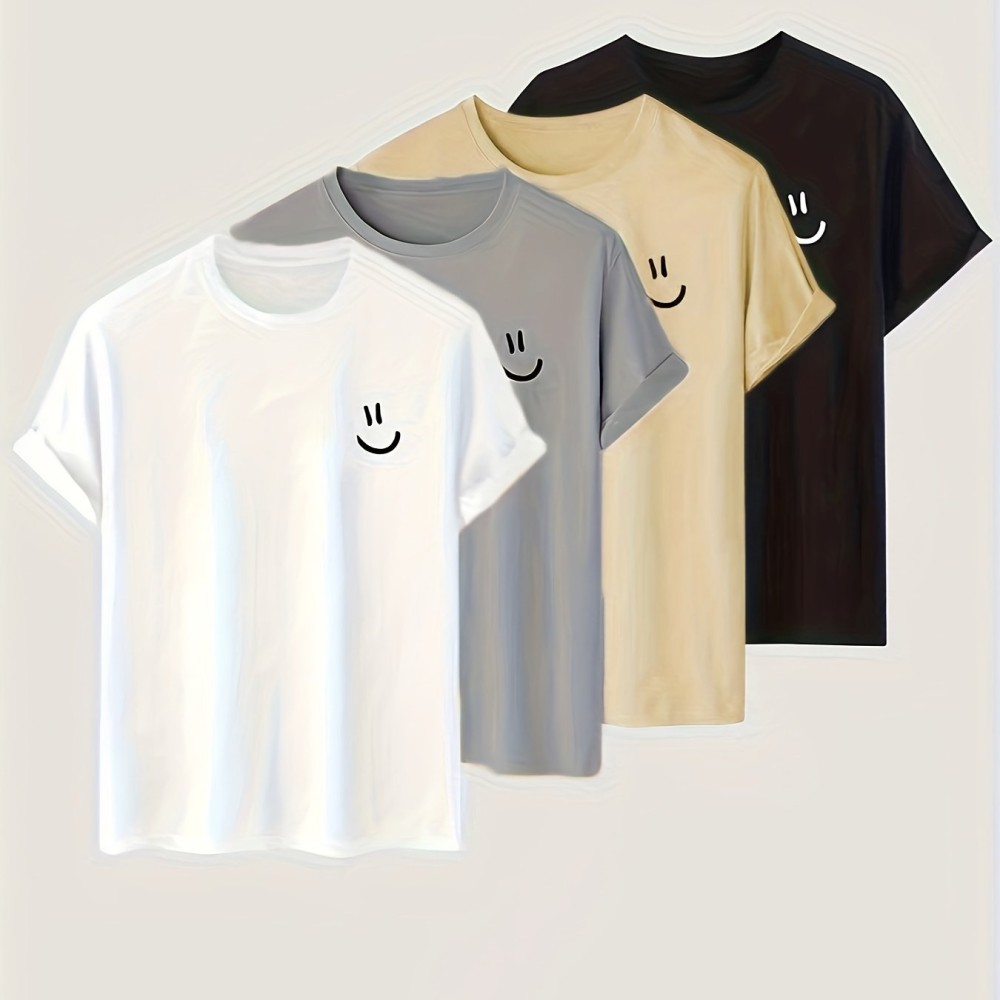 4pieces Men's Stylish Smiling Face Pattern Shirt, Casual Slightly Stretch Breathable Crew Neck Short Sleeve Tee Top For City Walk Street Hanging Outdoor Activities - Image 6