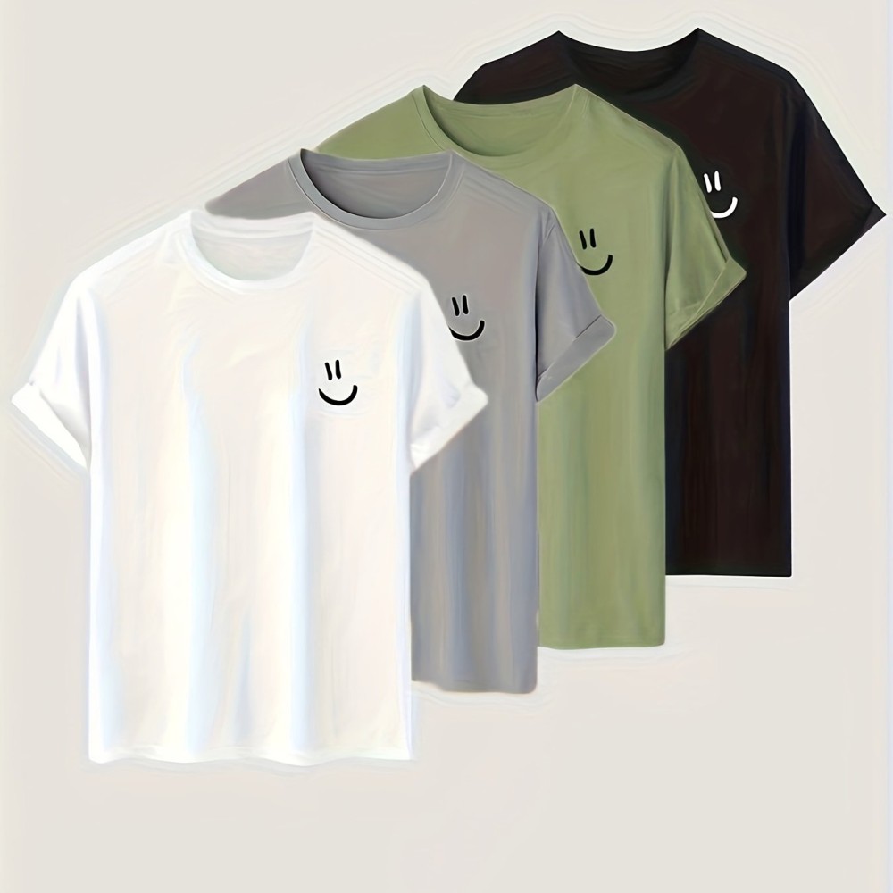 4pieces Men's Stylish Smiling Face Pattern Shirt, Casual Slightly Stretch Breathable Crew Neck Short Sleeve Tee Top For City Walk Street Hanging Outdoor Activities - Image 7